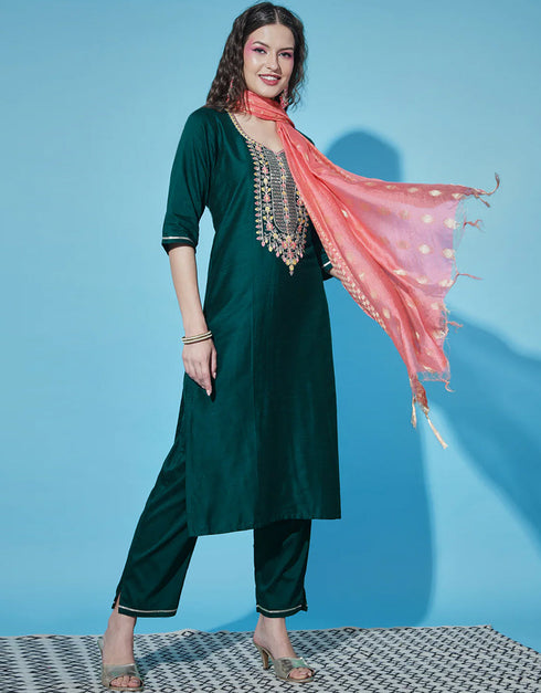 Traditional Function Wear Cotton Silk Blend Readymade Suit Collection Teal Cotton Silk Blend Pant Straight Close-up View
