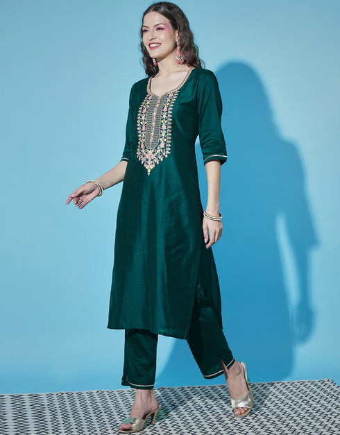Traditional Function Wear Cotton Silk Blend Readymade Suit Collection Teal Cotton Silk Blend Pant Straight Back View