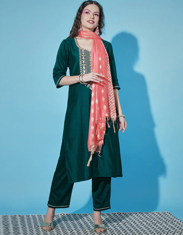 Traditional Function Wear Cotton Silk Blend Readymade Suit Collection Teal Cotton Silk Blend Pant Straight Front View