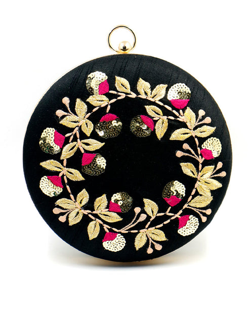 Black Designer Embroidery Heavy Clutches-Accessories