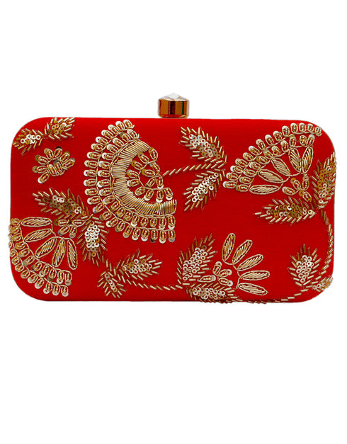 Red Designer Embroidery Heavy Clutches Accessories