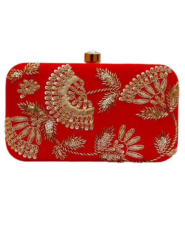 Red Designer Embroidery Heavy Clutches Accessories