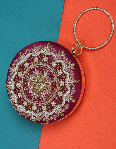 Red Designer Embroidery Heavy Clutches-Accessories