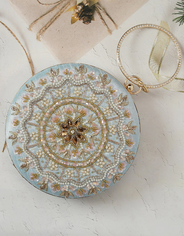 Sky Blue Designer Embroidery Heavy Clutches-Accessories