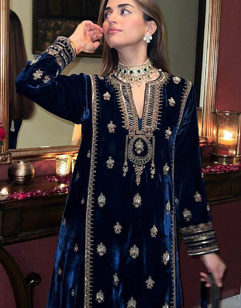 Designer Party Wear Salwar Suit Collection Blue Velvet Pant Straight Close-up View