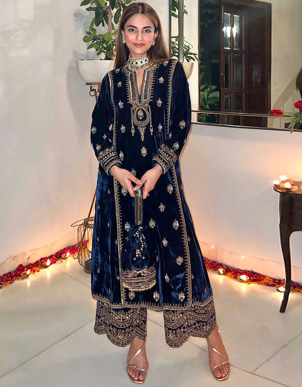 Designer Party Wear Salwar Suit Collection Blue Velvet Pant Straight Front View