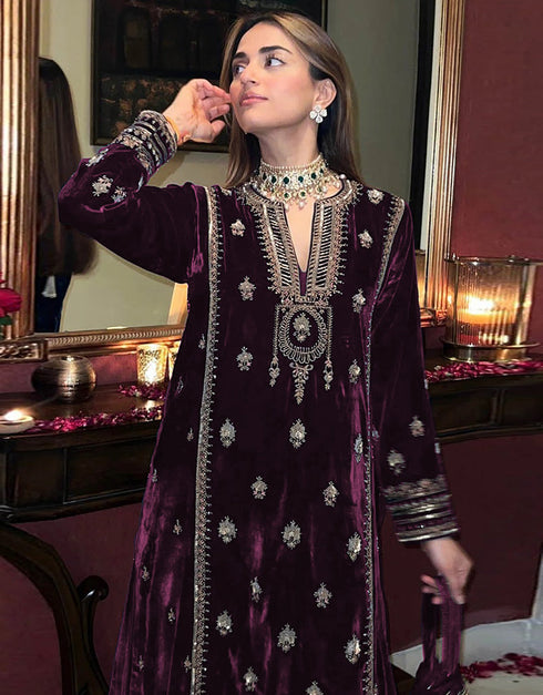 Designer Party Wear Salwar Suit Collection Purple Velvet Pant Straight Close-up View