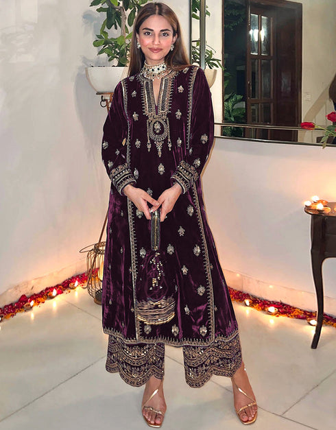 Designer Party Wear Salwar Suit Collection Purple Velvet Pant Straight Front View
