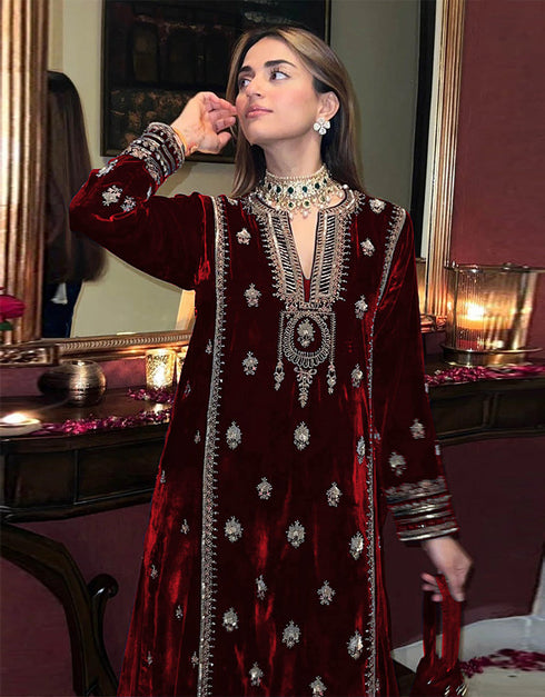 Designer Party Wear Salwar Suit Collection Maroon Velvet Pant Straight Close-up View