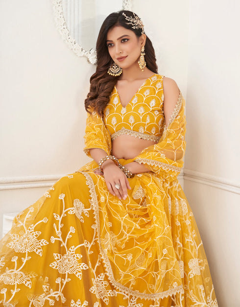 Designer Wedding Wear Heavy Butterfly Net Lehenga Choli Collection Yellow Butterfly Net Lehenga Choli Back View