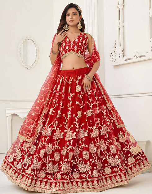 Designer Wedding Wear Heavy Butterfly Net Lehenga Choli Collection Red Butterfly Net Lehenga Choli Close-up View