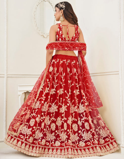 Designer Wedding Wear Heavy Butterfly Net Lehenga Choli Collection Red Butterfly Net Lehenga Choli Back View
