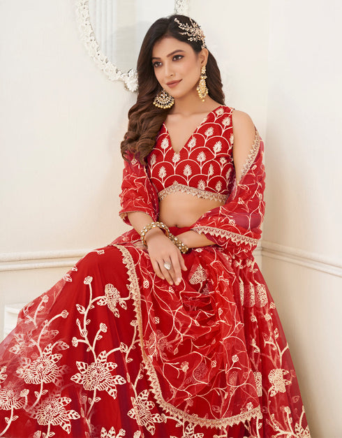 Designer Wedding Wear Heavy Butterfly Net Lehenga Choli Collection Red Butterfly Net Lehenga Choli Front View