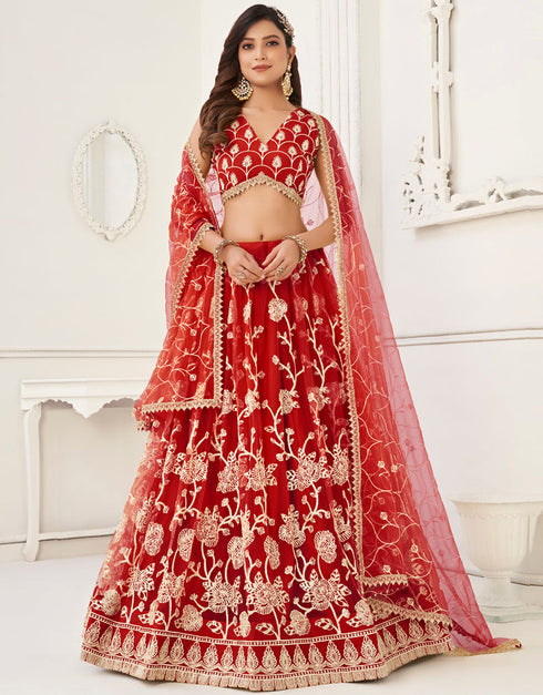 Designer Wedding Wear Heavy Butterfly Net Lehenga Choli Collection Red Butterfly Net Lehenga Choli Front View