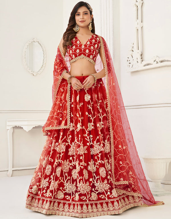 Designer Wedding Wear Heavy Butterfly Net Lehenga Choli Collection Red Butterfly Net Lehenga Choli Front View