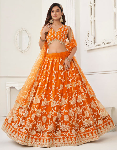 Designer Wedding Wear Heavy Butterfly Net Lehenga Choli Collection Orange Butterfly Net Lehenga Choli Close-up View