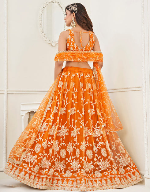 Designer Wedding Wear Heavy Butterfly Net Lehenga Choli Collection Orange Butterfly Net Lehenga Choli Back View