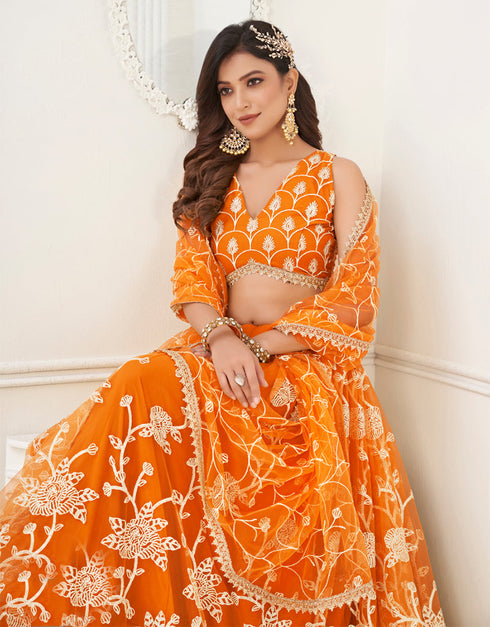 Designer Wedding Wear Heavy Butterfly Net Lehenga Choli Collection Orange Butterfly Net Lehenga Choli Front View