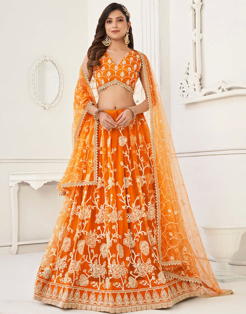 Designer Wedding Wear Heavy Butterfly Net Lehenga Choli Collection Orange Butterfly Net Lehenga Choli Front View