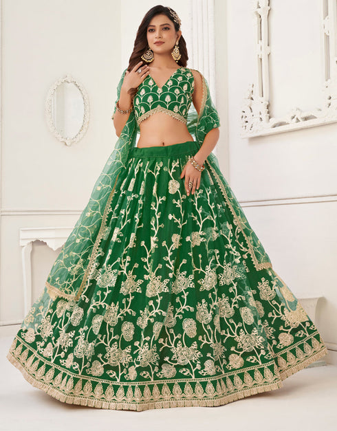 Designer Wedding Wear Heavy Butterfly Net Lehenga Choli Collection Green Butterfly Net Lehenga Choli Close-up View