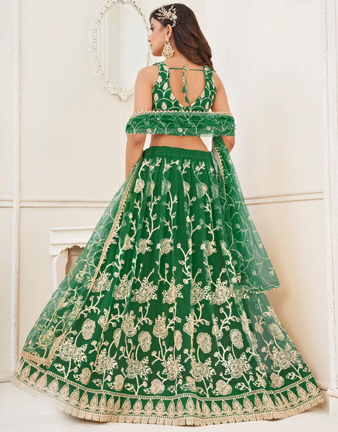 Designer Wedding Wear Heavy Butterfly Net Lehenga Choli Collection Green Butterfly Net Lehenga Choli Back View