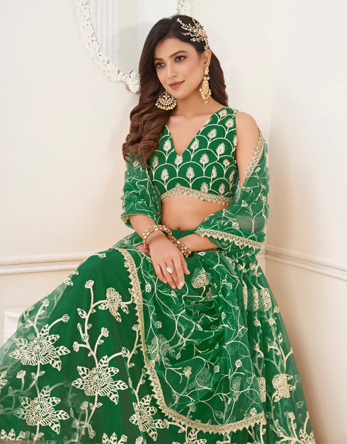 Designer Wedding Wear Heavy Butterfly Net Lehenga Choli Collection Green Butterfly Net Lehenga Choli Front View