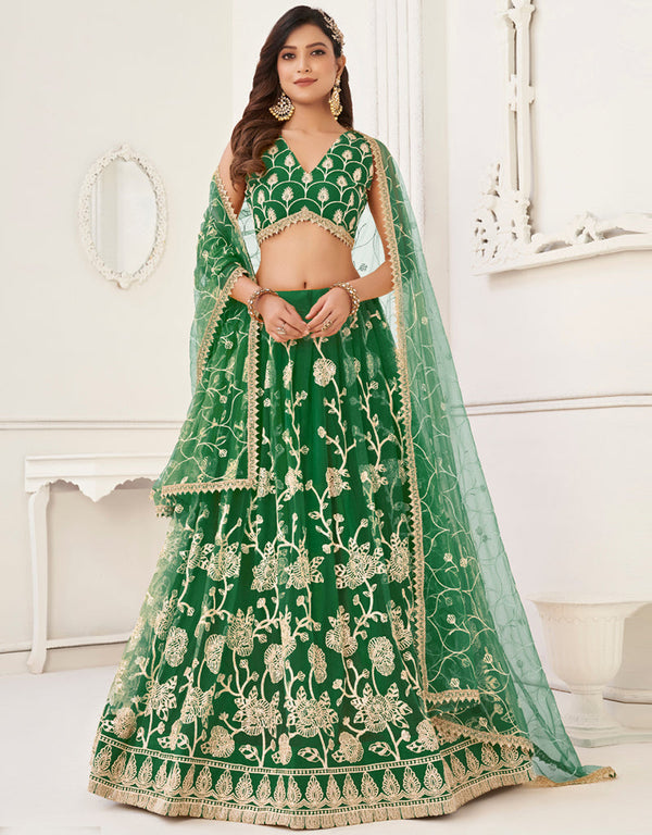 Designer Wedding Wear Heavy Butterfly Net Lehenga Choli Collection Green Butterfly Net Lehenga Choli Front View