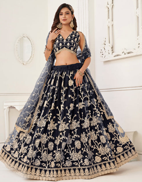 Designer Wedding Wear Heavy Butterfly Net Lehenga Choli Collection Navy-Blue Butterfly Net Lehenga Choli Close-up View
