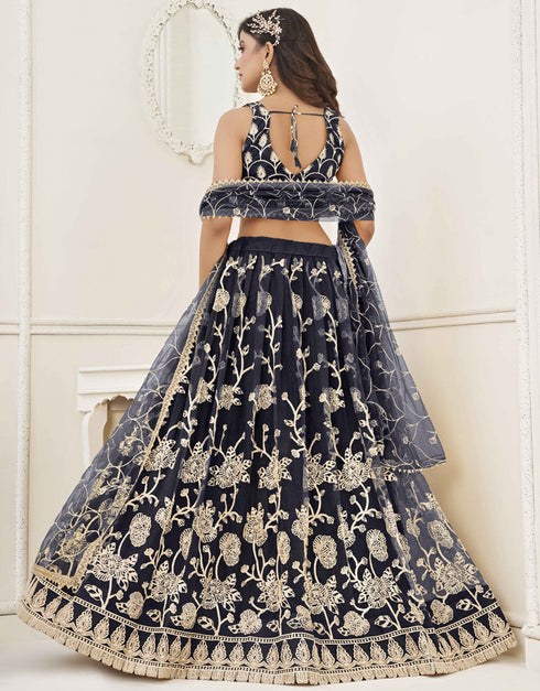 Designer Wedding Wear Heavy Butterfly Net Lehenga Choli Collection Navy-Blue Butterfly Net Lehenga Choli Back View