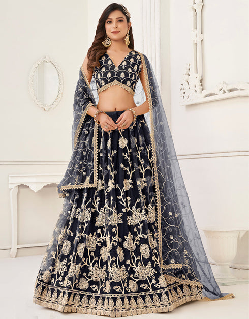 Designer Wedding Wear Heavy Butterfly Net Lehenga Choli Collection Navy-Blue Butterfly Net Lehenga Choli Front View
