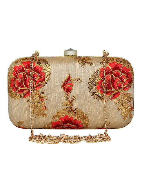 Cream Designer Embroidery Heavy Clutches-Accessories