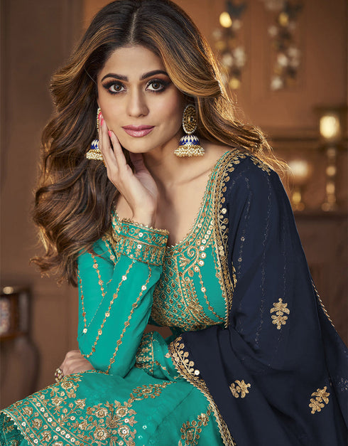 Designer Function Wear Georgette Lehenga Kameez Collection Turquoise Georgette Lehenga Suit Close-up View