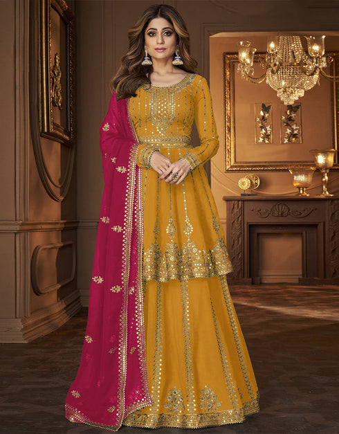 Designer Function Wear Georgette Lehenga Kameez Collection Yellow Georgette Lehenga Suit Front View