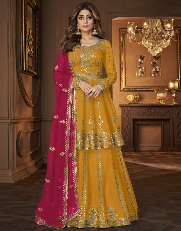 Designer Function Wear Georgette Lehenga Kameez Collection Yellow Georgette Lehenga Suit Front View