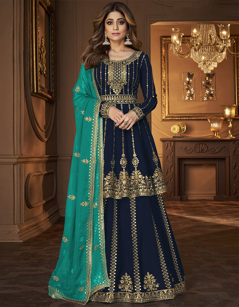Designer Function Wear Georgette Lehenga Kameez Collection Navy Blue Georgette Lehenga Suit Front View
