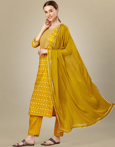 Traditional Function Wear Silk Blend Readymade Suit Collection Mustard Silk Blend Pant Straight Close-up View