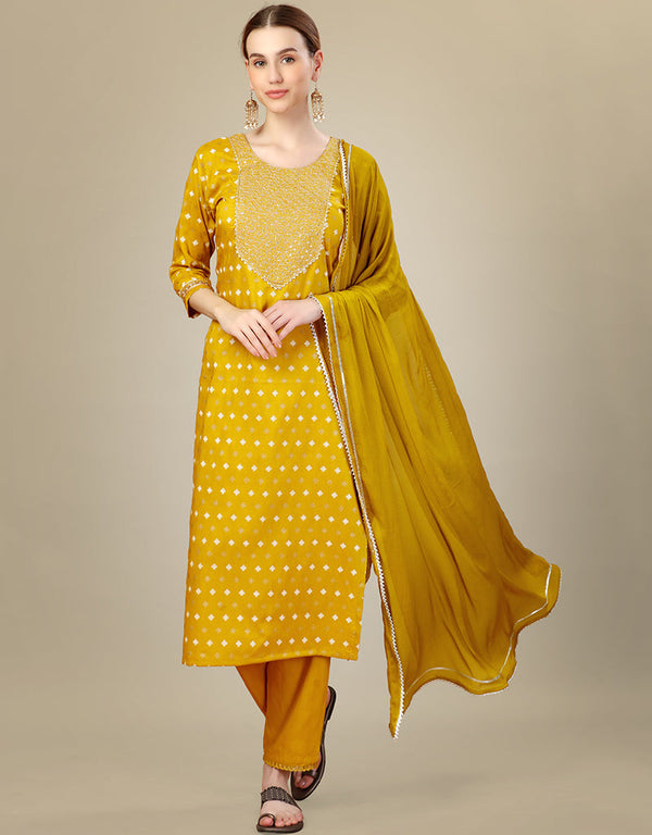 Traditional Function Wear Silk Blend Readymade Suit Collection Mustard Silk Blend Pant Straight Front View