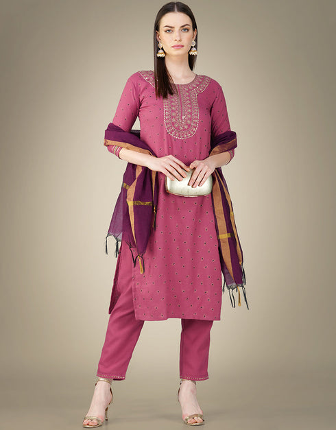Traditional Function Wear Cotton Magic Slub Readymade Suit Collection Pink Cotton Magic Slub Pant Straight Close-up View