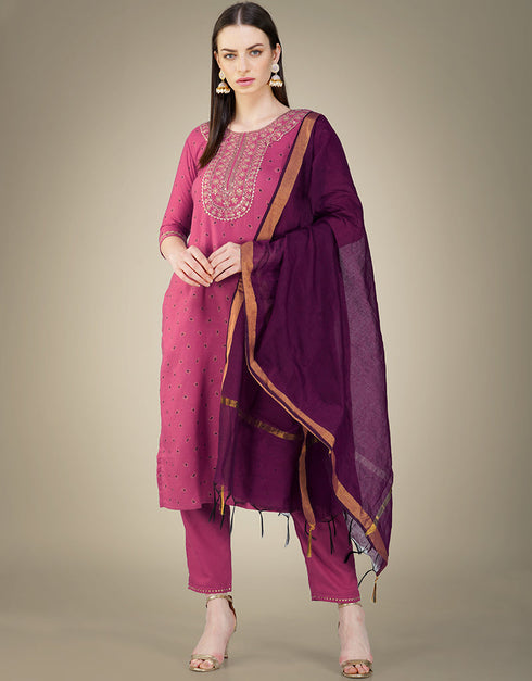 Traditional Function Wear Cotton Magic Slub Readymade Suit Collection Pink Cotton Magic Slub Pant Straight Front View