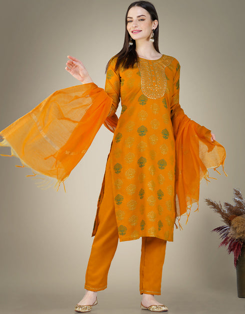 Traditional Function Wear Cotton Magic Slub Readymade Suit Collection Mustard Cotton Magic Slub Pant Straight Close-up View