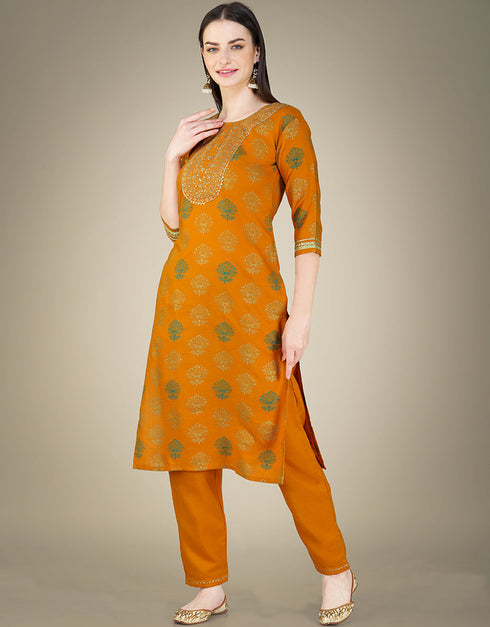 Traditional Function Wear Cotton Magic Slub Readymade Suit Collection Mustard Cotton Magic Slub Pant Straight Back View