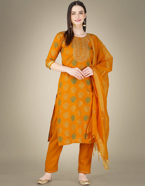 Traditional Function Wear Cotton Magic Slub Readymade Suit Collection Mustard Cotton Magic Slub Pant Straight Front View
