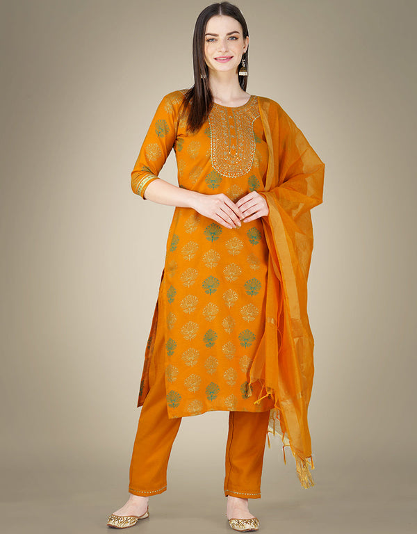 Traditional Function Wear Cotton Magic Slub Readymade Suit Collection Mustard Cotton Magic Slub Pant Straight Front View