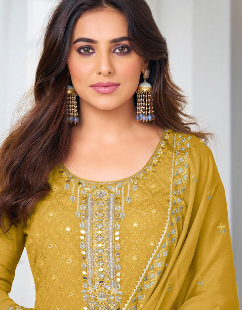 Designer Party Wear Salwar Suit Collection Yellow Georgette Pant Straight Close-up View