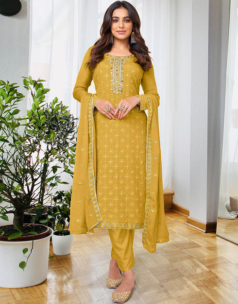 Designer Party Wear Salwar Suit Collection Yellow Georgette Pant Straight Front View