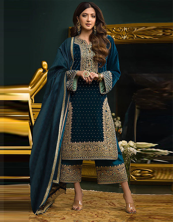 Designer Party Wear Salwar Suit Collection Aqua Blue Velvet Pant Straight Front View