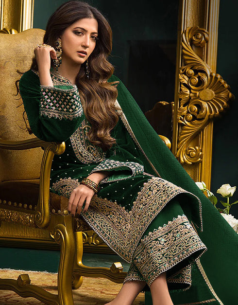 Designer Party Wear Salwar Suit Collection Green Velvet Pant Straight Close-up View