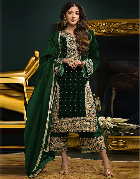 Designer Party Wear Salwar Suit Collection Green Velvet Pant Straight Front View