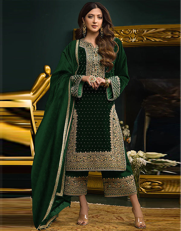 Designer Party Wear Salwar Suit Collection Green Velvet Pant Straight Front View