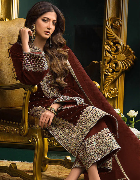 Designer Party Wear Salwar Suit Collection Maroon Velvet Pant Straight Close-up View